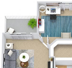 Ashley 3D Ashley 3D. 1 bedroom apartment + Den. Kitchen with bartop open to living/dinning rooms. Fireplace. 1 full bathroom + powder room. Walk-in closet. Patio/balcony.